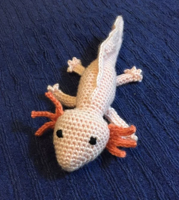 An amigurumi axolotl.