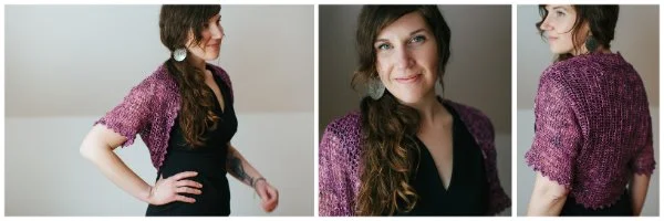 Three views of a woman wearing a lightweight, purple crochet shrug.