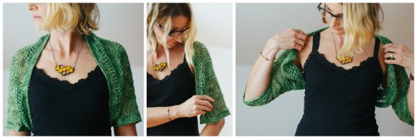 Three views of a woman wearing a lightweight, green crochet shrug.