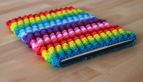Rainbow-striped crochet tablet sleeve.