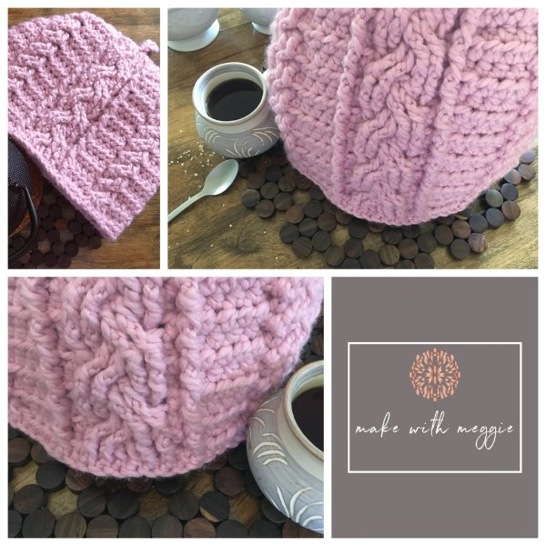 A collage of pink crochet tea cozies.