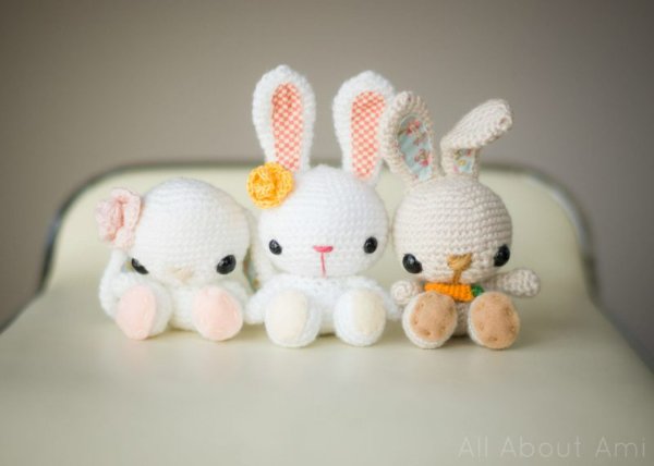 Three versions of a crochet bunny.