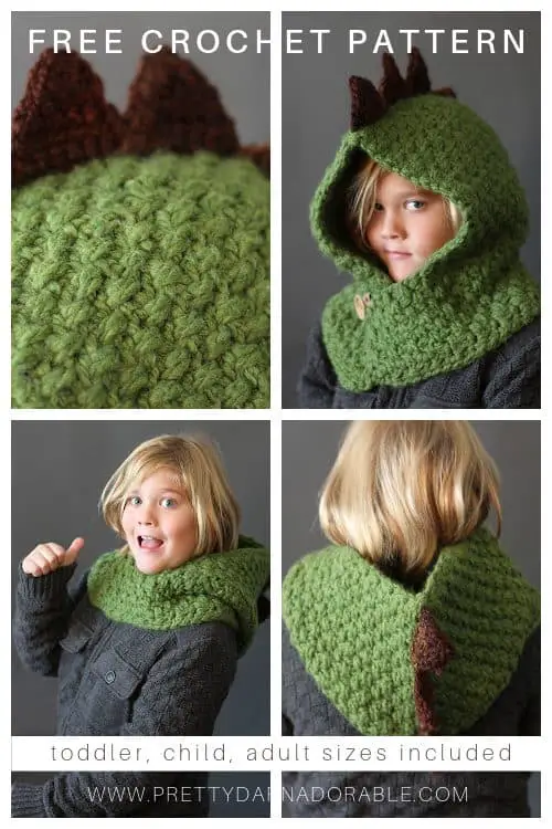 A montage of a boy with a crochet dinosaur cowl.