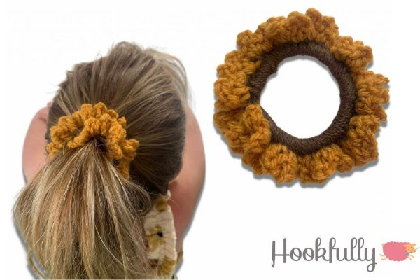 A woman with a ponytail and a yellow crochet scrunchie.