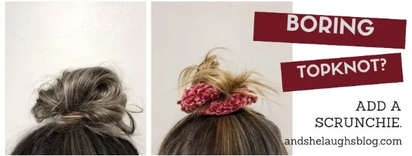 A woman wearing a velvet crochet scrunchie in a top knot.