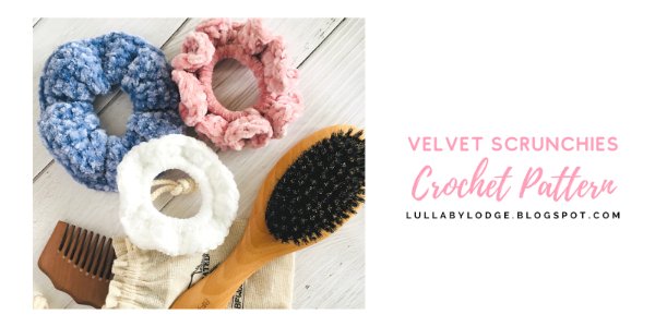 Different coloured crochet scrunchies, a comb, and a hair brush.