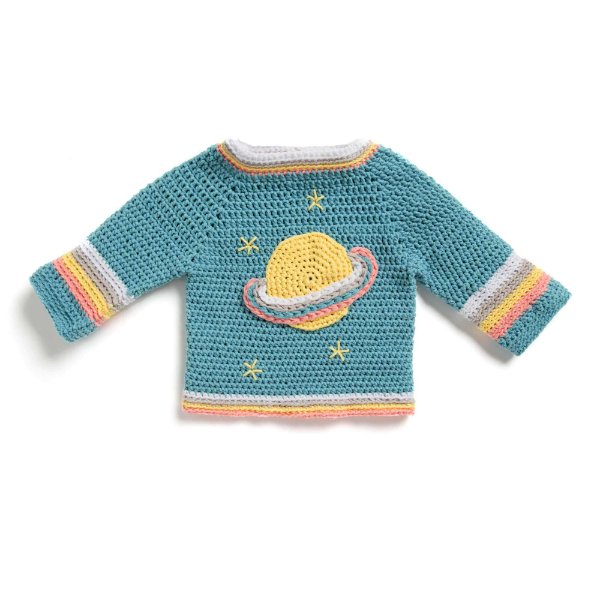 A crochet sweater decorated with a Saturn planet applique.
