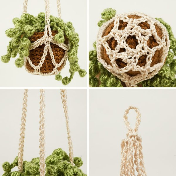 Four different angles of a crochet plant in a crochet plant hanger.