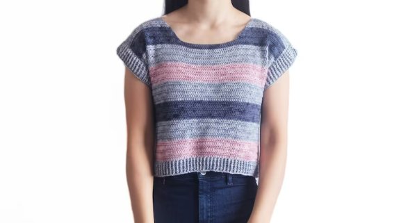 A closeup of a striped crochet t-shirt.