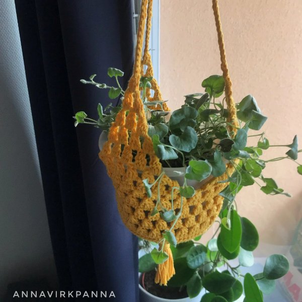 A pot plant in a yellow crochet plant hanger worked in the granny stitch.