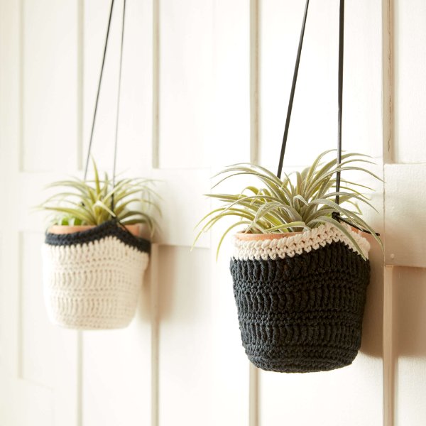 Two potted plants in black and white crochet plant hangers.