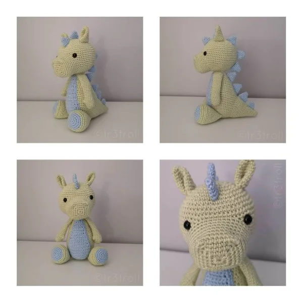Four different views of a pale yellow and blue crochet dragon toy.