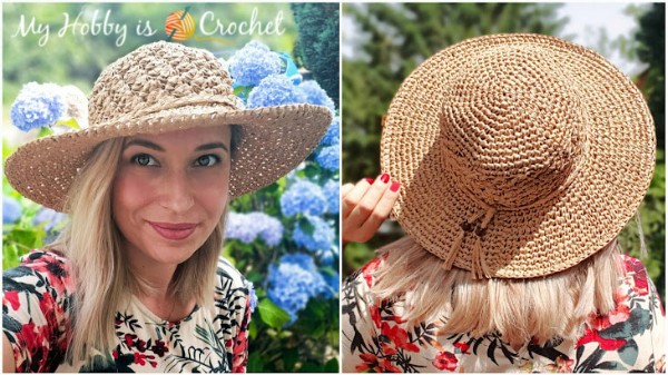 Two different views of a woman wearing a crochet raffia sun hat.