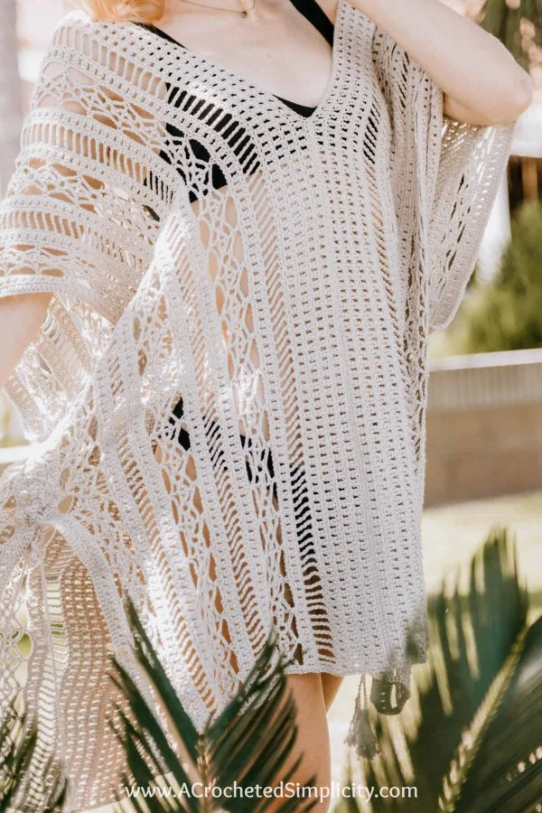 A close-up view of a lacy crochet cover-up.