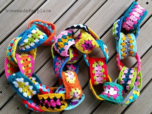 A crochet  garland made from granny rectangles.