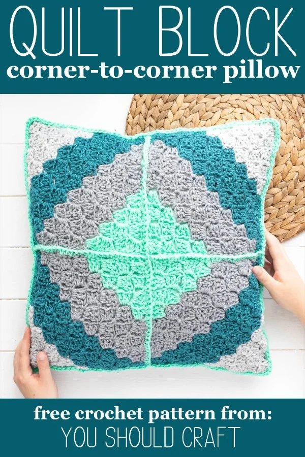 A C2C crochet pillow inspired by a traditional quilt block.