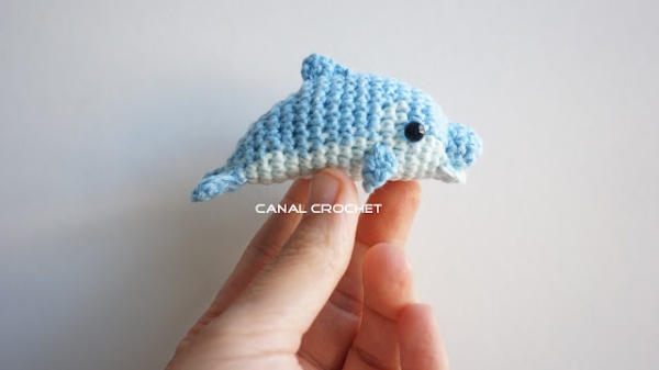 A tiny crochet dolphin amigurumi.