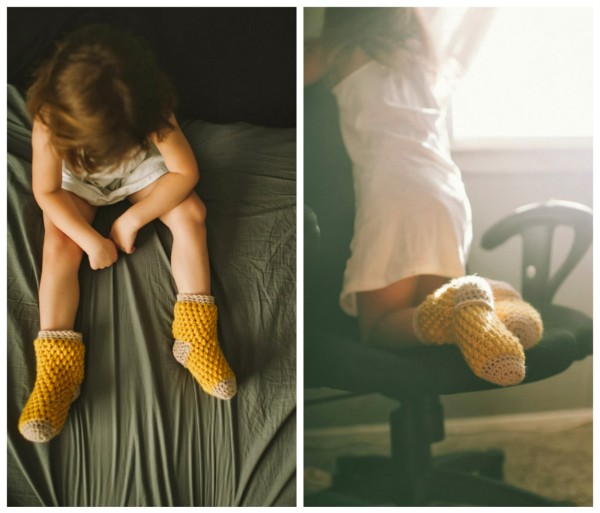 Two different views of a child wearing yellow crochet slippers.
