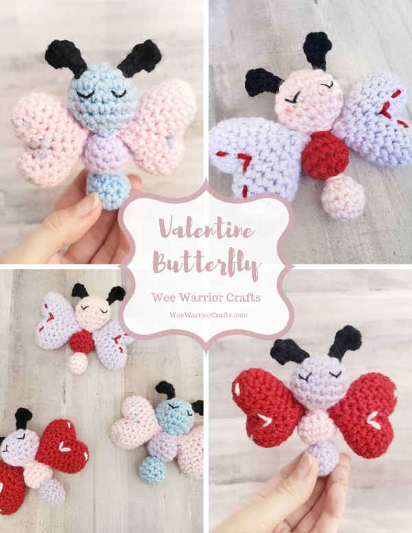 Crochet butterfly amigurumi with love heart shaped wings.