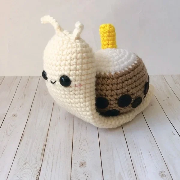 Boba themed amigurumi crochet snail.