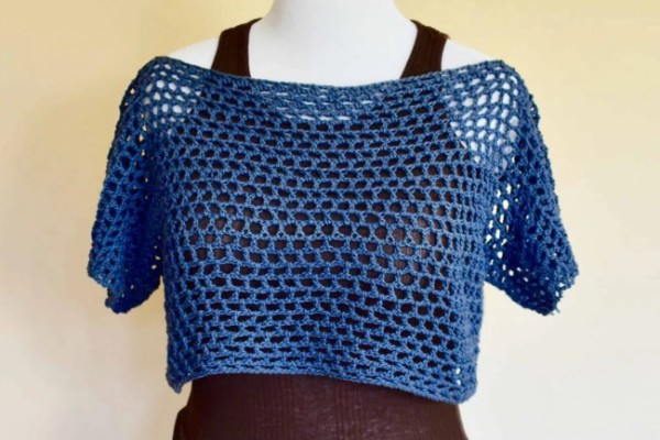 A cropped blue lacy crochet top.
