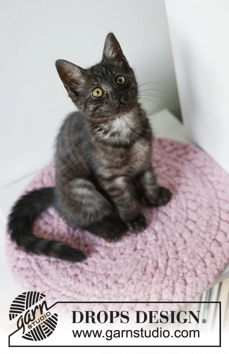 A kitten on a pink crochet cat bed.
