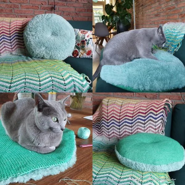 A collage of a cat and a blue toned crochet cat bed featuring faux fur yarn.