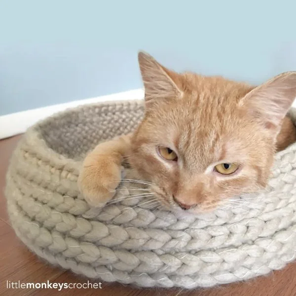 A ginger cat in a crochet cat bed.