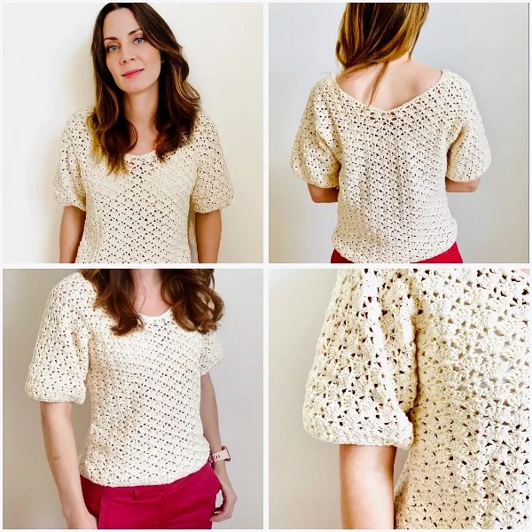 A collage with four different views of a woman wearing a cream coloured crochet lace tee.