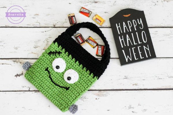 A crochet Frankenstein Halloween bag.