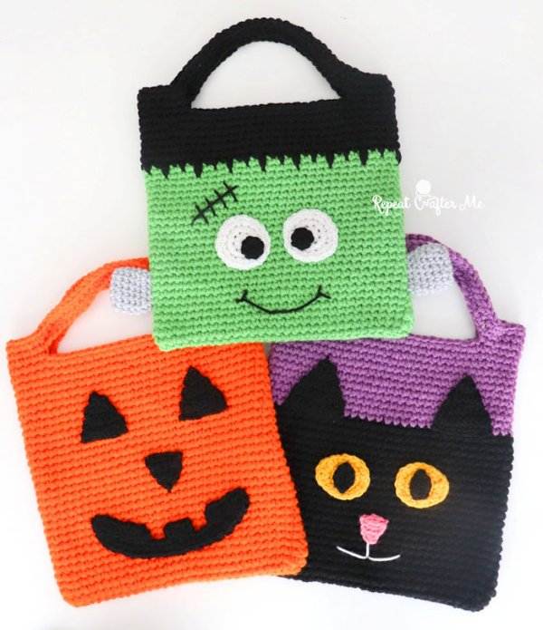 Three crochet Halloween treat bags.