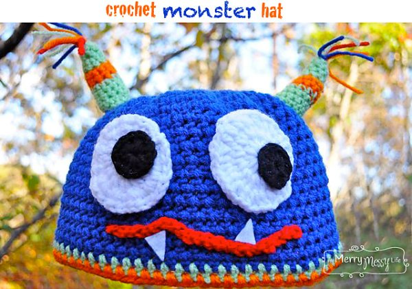 A blue monster crochet Halloween hat.