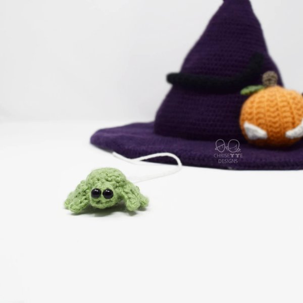 A black crochet witches hat with a green amigurumi spider and an amigurumi pumpkin.