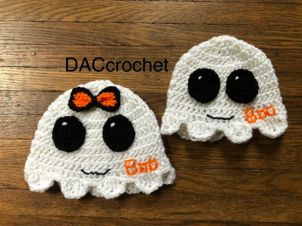 Two cute girl and boy crochet ghost hats.