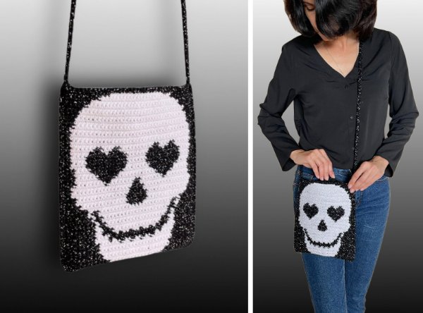 A black crochet bag with a skull motif.
