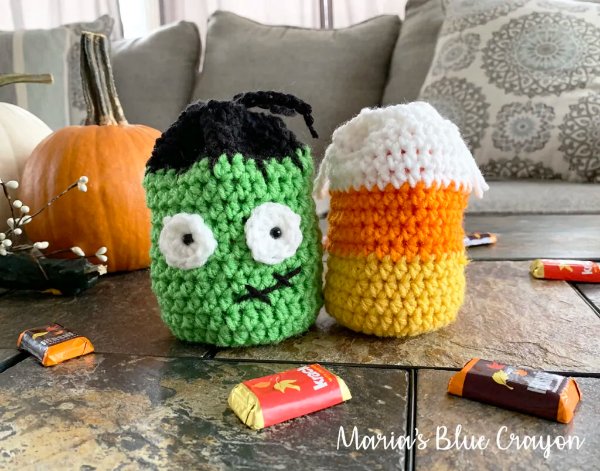 Crochet frankenstein and candy corn Halloween treat bags.