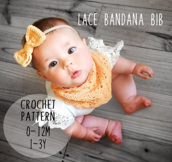 A baby wearing a yellow coloured, lacy crochet bandanna-style bib.