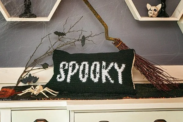 Spooky crochet halloween pillow.
