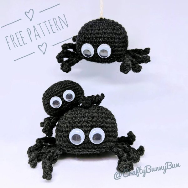 Three bug-eyed black crochet spiders.