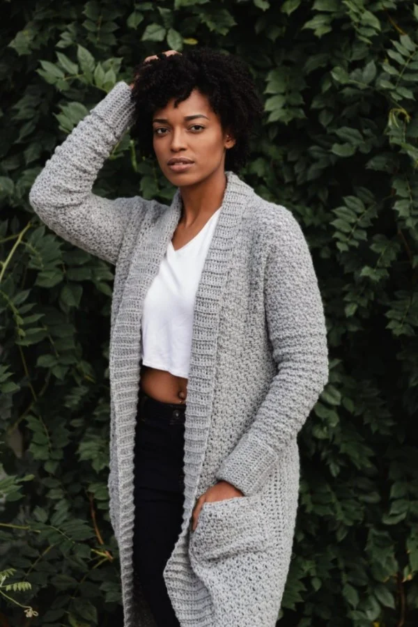 A long grey cardigan with pockets.