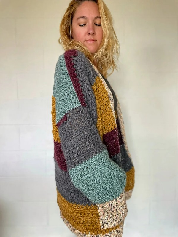 A patchwork-style crochet cardigan with pockets.
