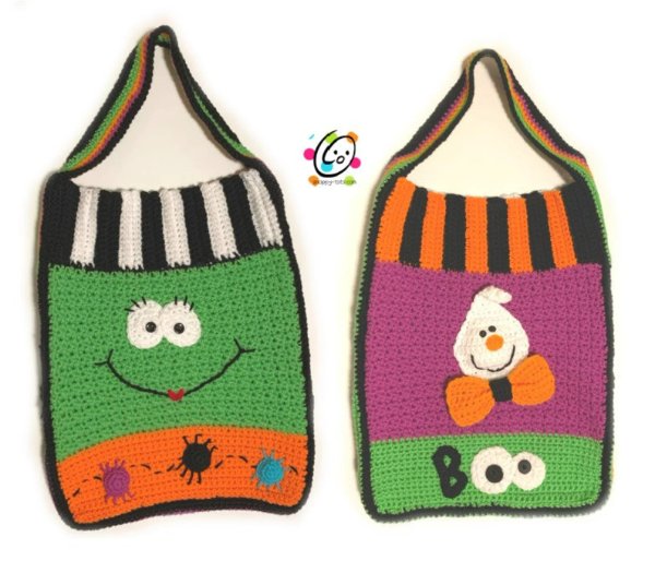 Two brightly coloured crochet trick or treat bags.