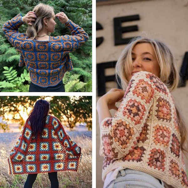 A collection of crochet granny square cardigans.