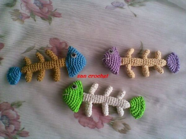 Three crochet fish bone or fish skeleton cat toys.