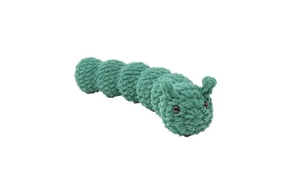 A green amigurumi crochet caterpillar.