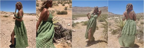 Four views of a woman in the dessert wearing a green crochet maxi dress.