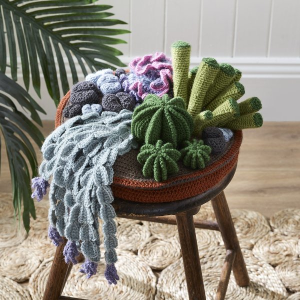 A detailed crochet cactus garden with lots of different plants in different colours.