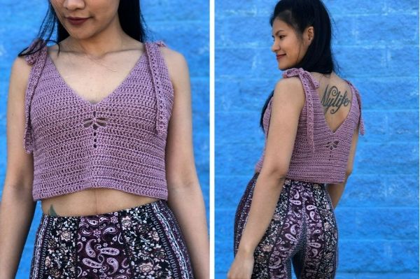 A front view and a back view of a woman wearing a crochet halter top with a dragonfly motif.