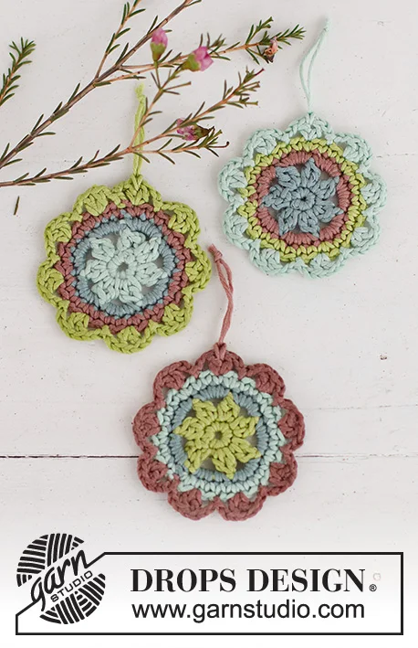 Vintage-look flower crochet Christmas ornaments.