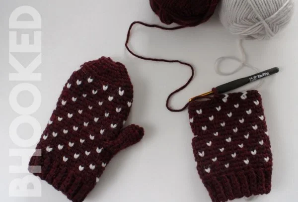 Burgundy and white, Fair Isle crochet mittens.